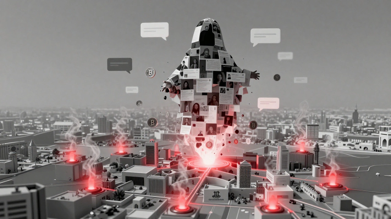 Digital ghost made of encrypted messages and crypto coins dissolving over Dubai map with surveillance alerts.