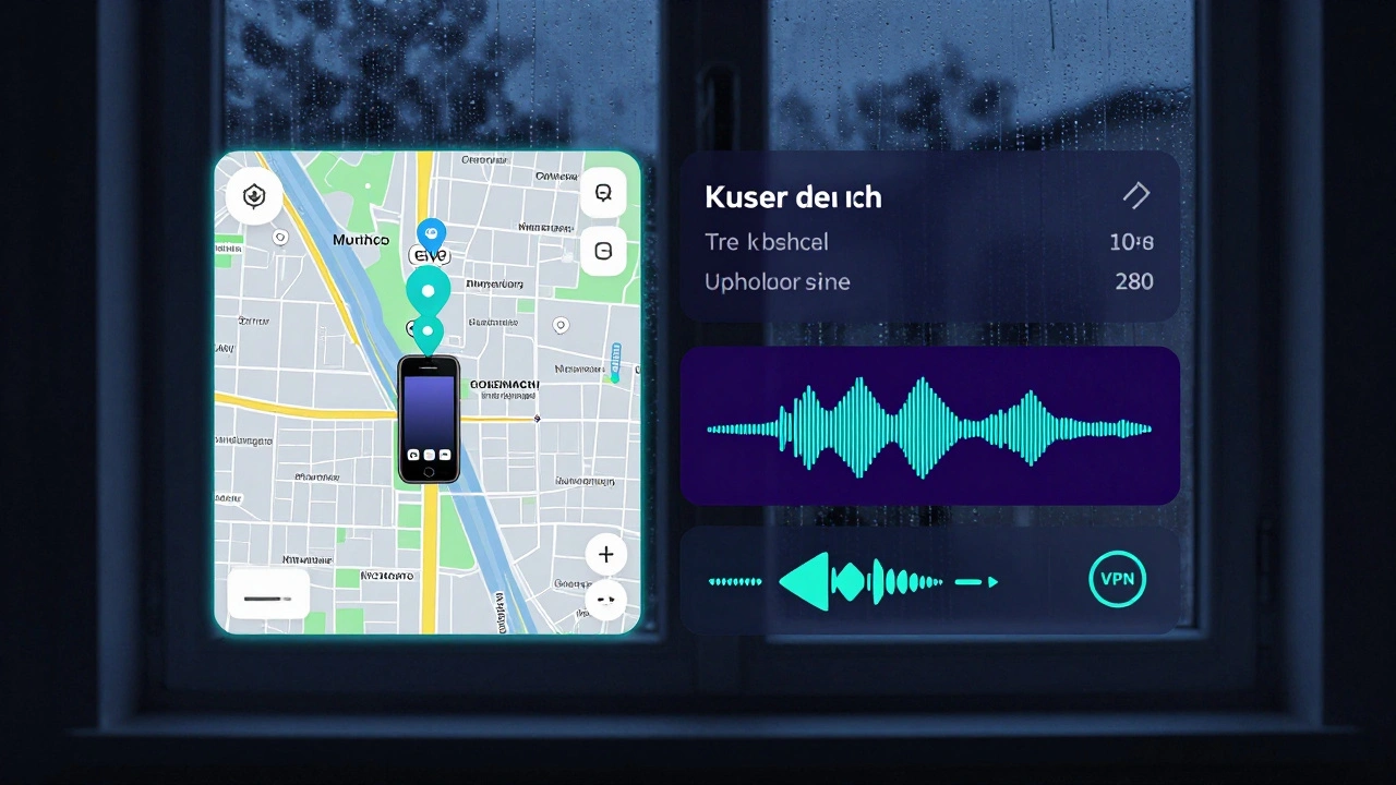Digital safety tools overlay showing GPS, burner phone, audio, and VPN.