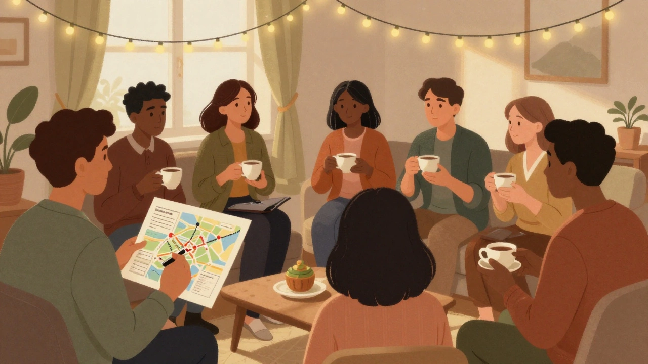 Diverse group of adult workers sharing tea in a warm, intimate support circle at night.