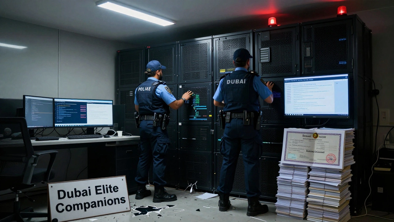 Dubai Police shutting down a hidden Telegram server room with monitors and broken sign
