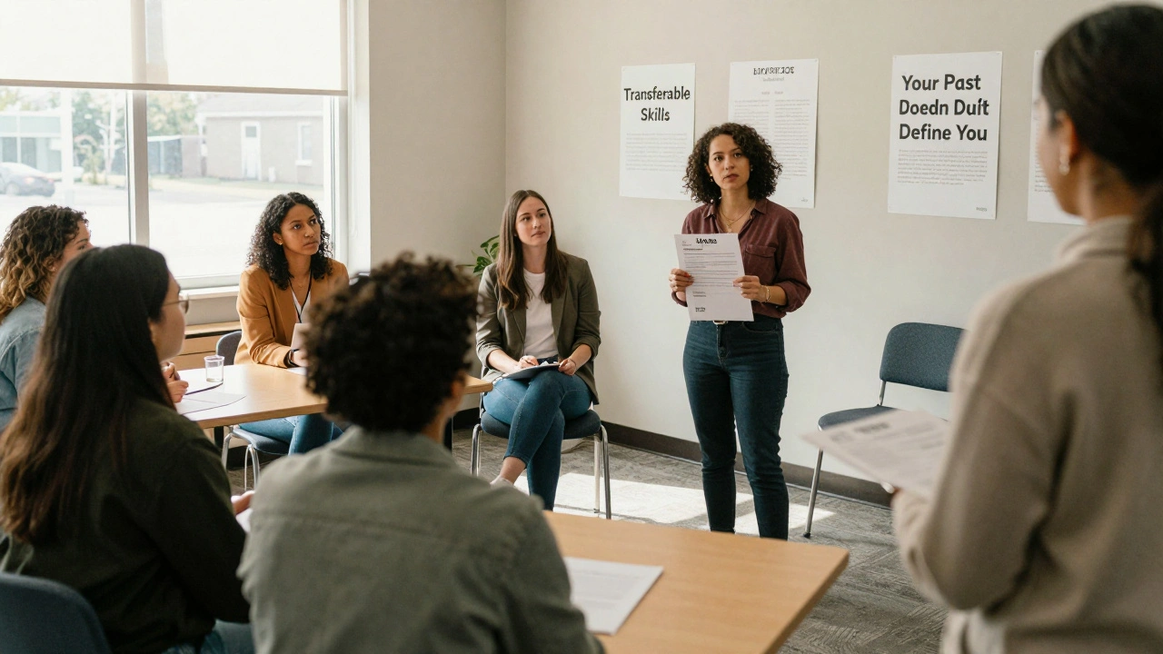 Group in community center attending career counseling workshop with supportive atmosphere.