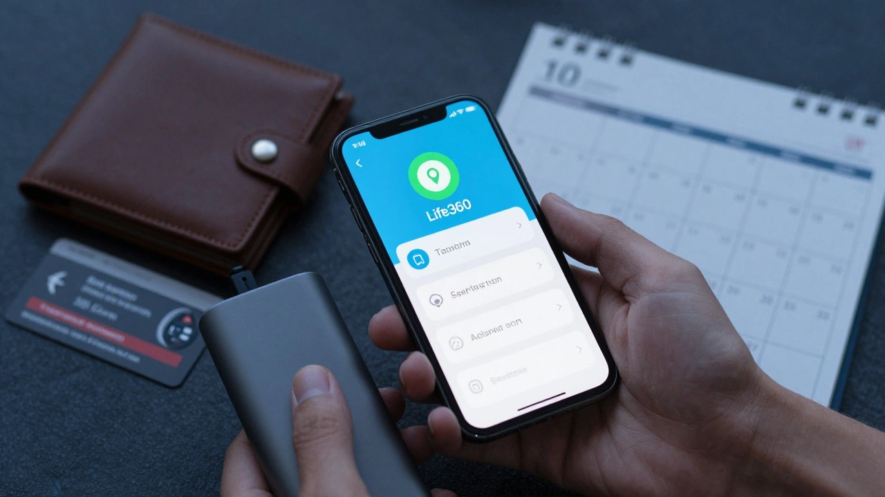 Hand holding phone with location sharing active, beside hotel keycard and power bank for safety.