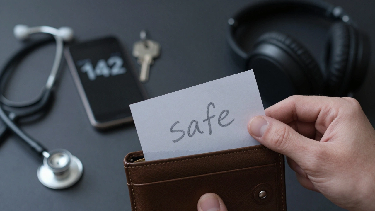 Hand placing a folded note saying 'safe' into a wallet, surrounded by symbols of support and privacy.