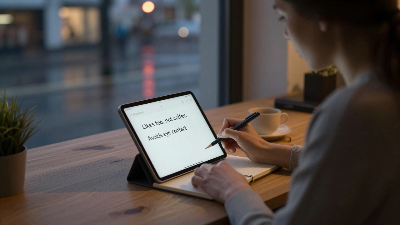 Hand writing private client notes on a tablet at a wooden desk in a quiet Munich room, soft lamplight, blurred city lights outside.