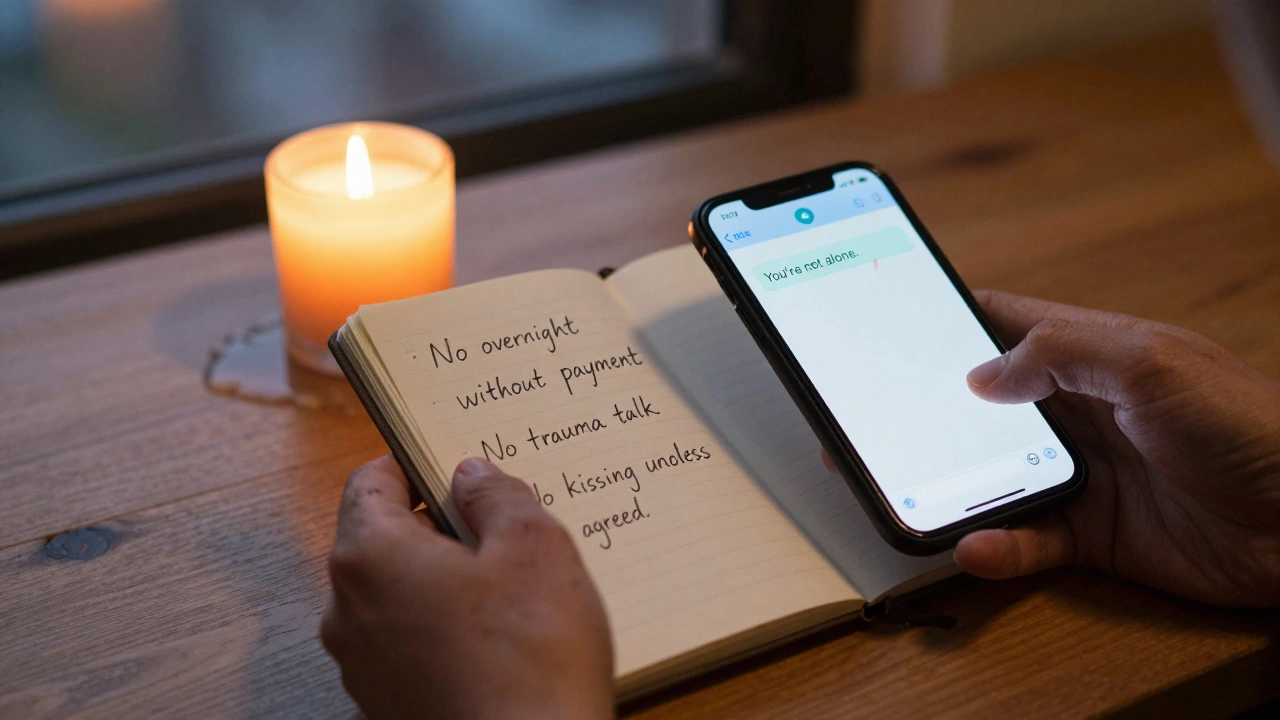 Hands holding a notebook with written boundaries and a smartphone displaying supportive messages, lit by candlelight.