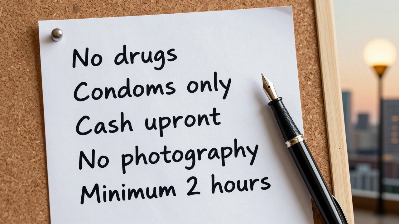 Handwritten boundaries on paper pinned to corkboard, fountain pen beside, warm ambient lighting.