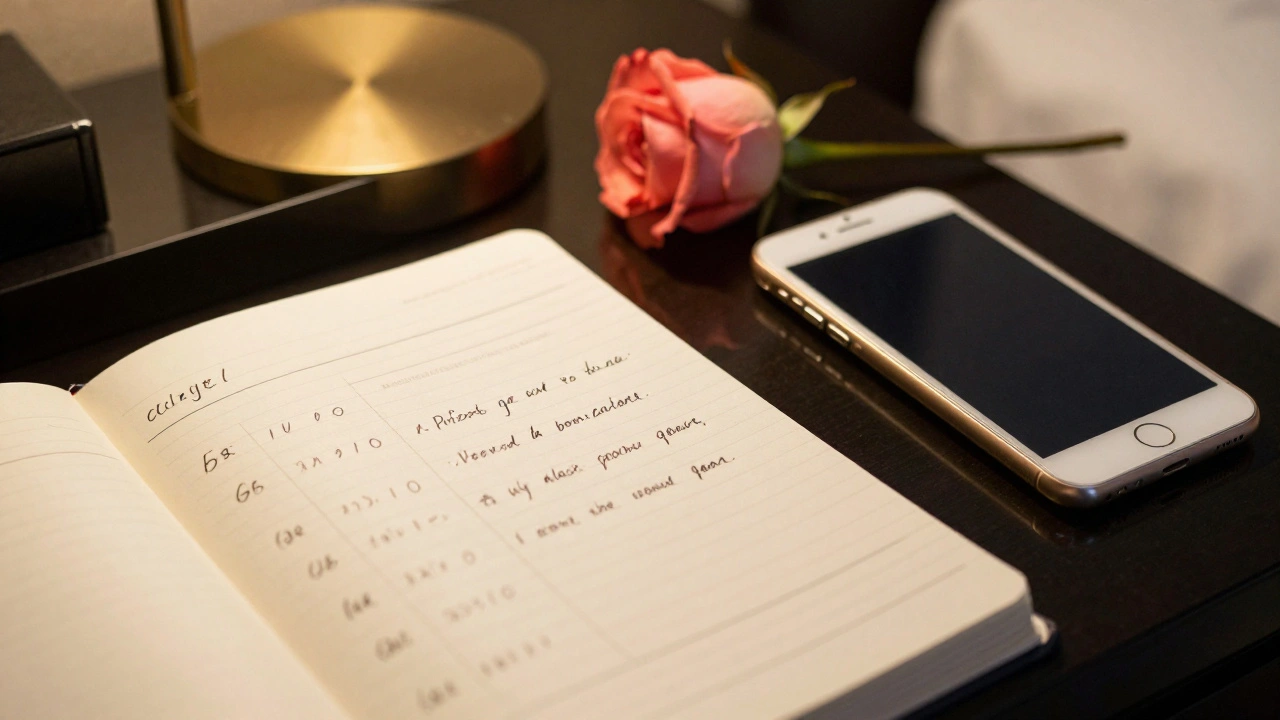 Handwritten safety notes and phone beside a rose on a hotel nightstand.