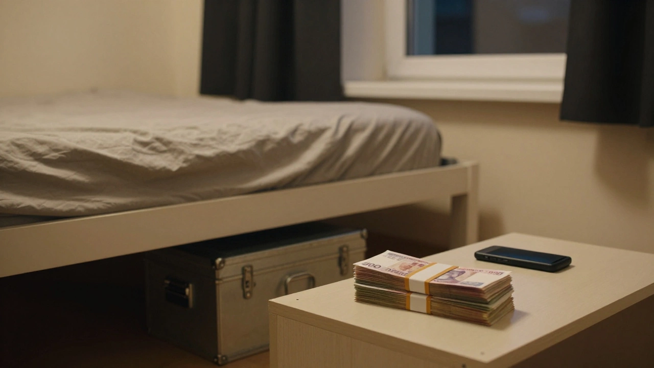 Inside a secure Moscow apartment, cash is stored in a hidden lockbox with a burner phone nearby.