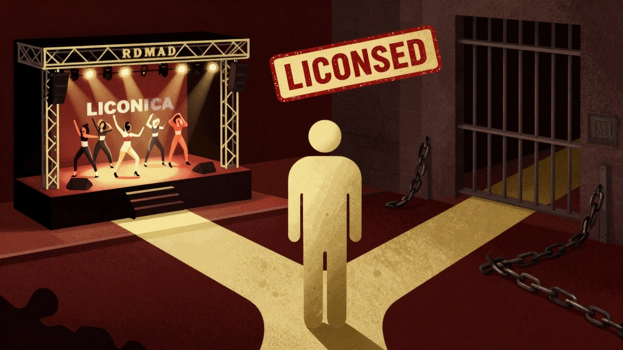 Person at crossroads: legal nightclub stage vs dark alley with prison bars and deportation stamp