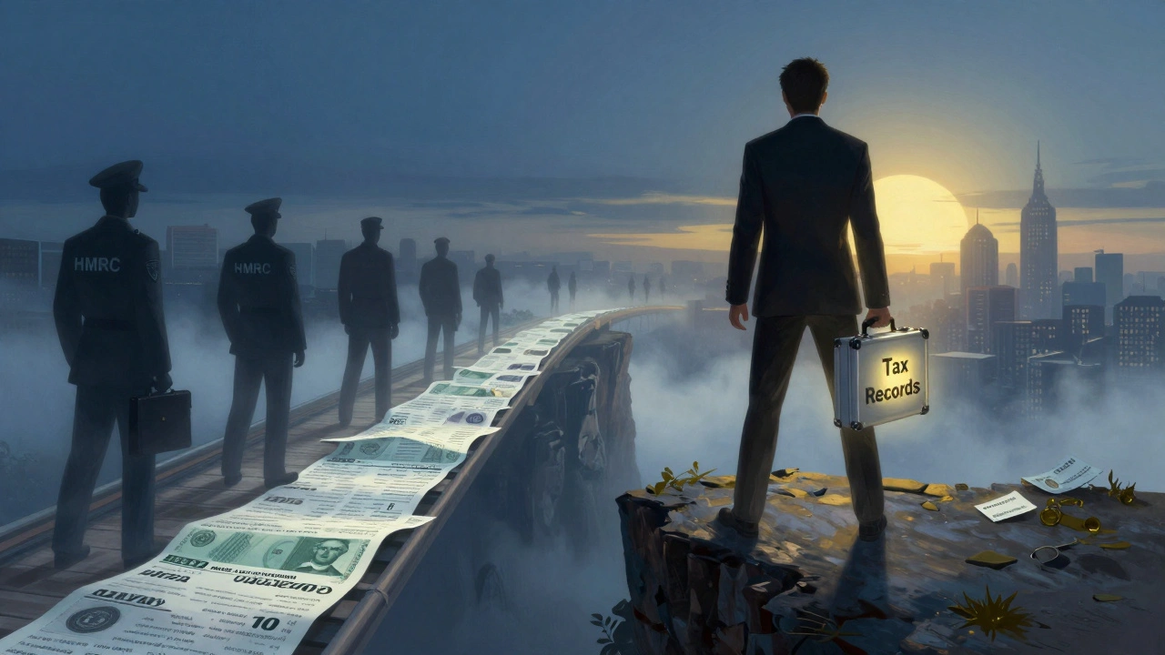 Person standing confidently with tax records briefcase, walking toward sunrise across a bridge of financial documents.