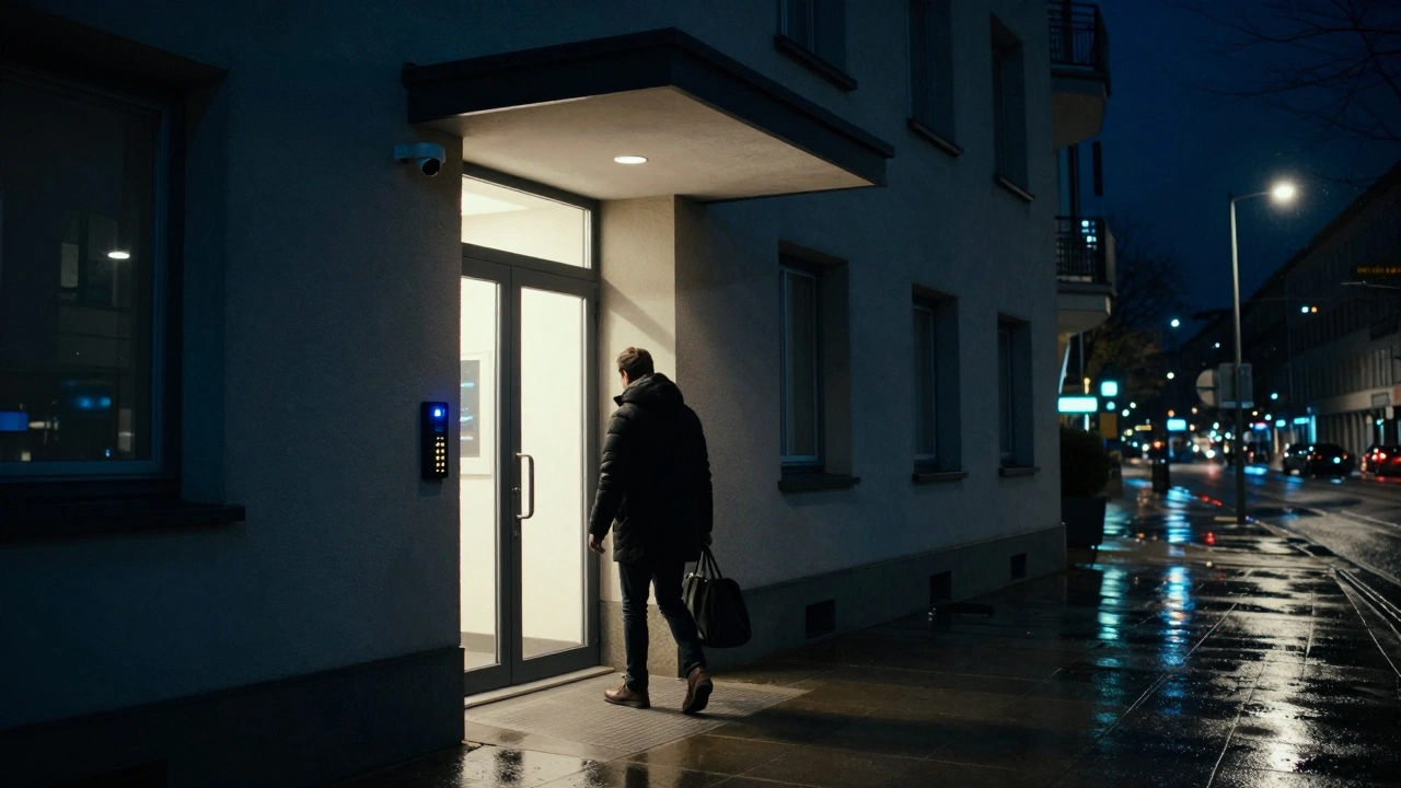 Secure Munich apartment building at night with keycard entry and motion-sensor camera above door.