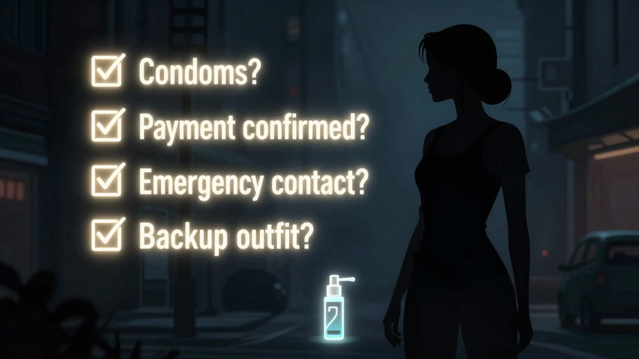 Silhouette with glowing safety checklist items floating around her in a dark city setting.