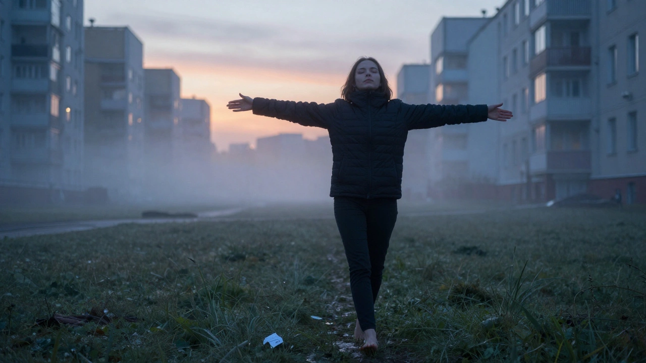 Someone walking barefoot on dewy grass at dawn, arms outstretched, as the city wakes behind them.
