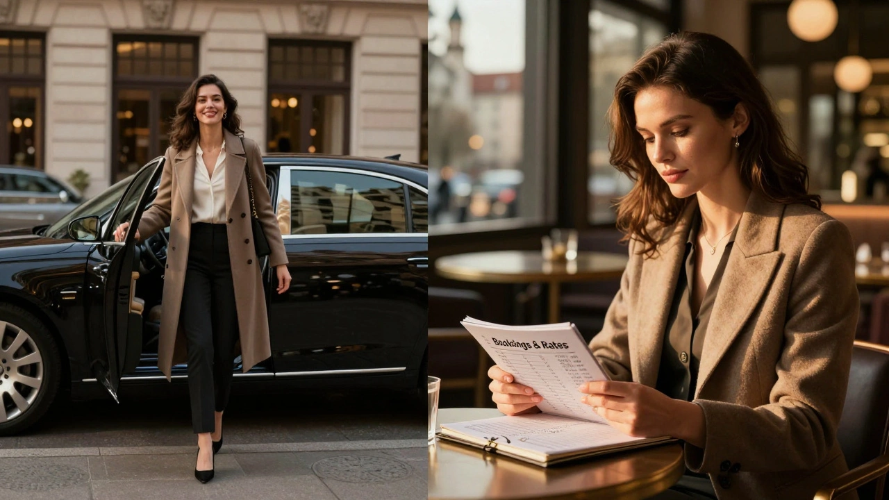 Split image: woman entering luxury car and reviewing booking notes at a café, golden hour, urban backdrop.