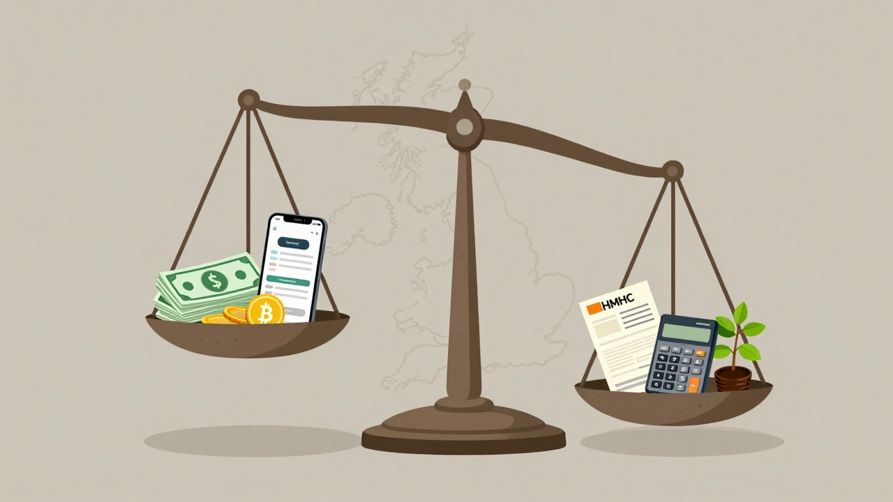 Symbolic balance scale with escort income on one side and tax documents on the other, under a UK map backdrop.