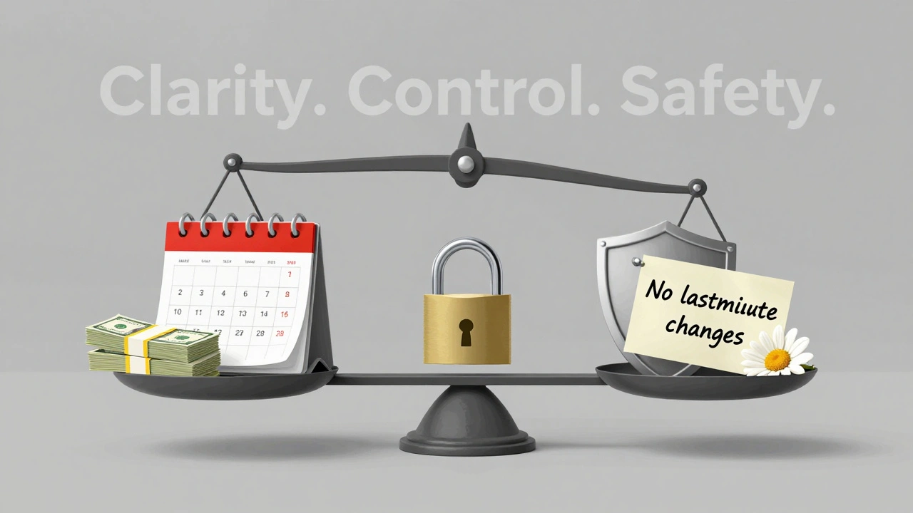 Symbolic scale balancing money and appointments with safety tools like a lock and shield.