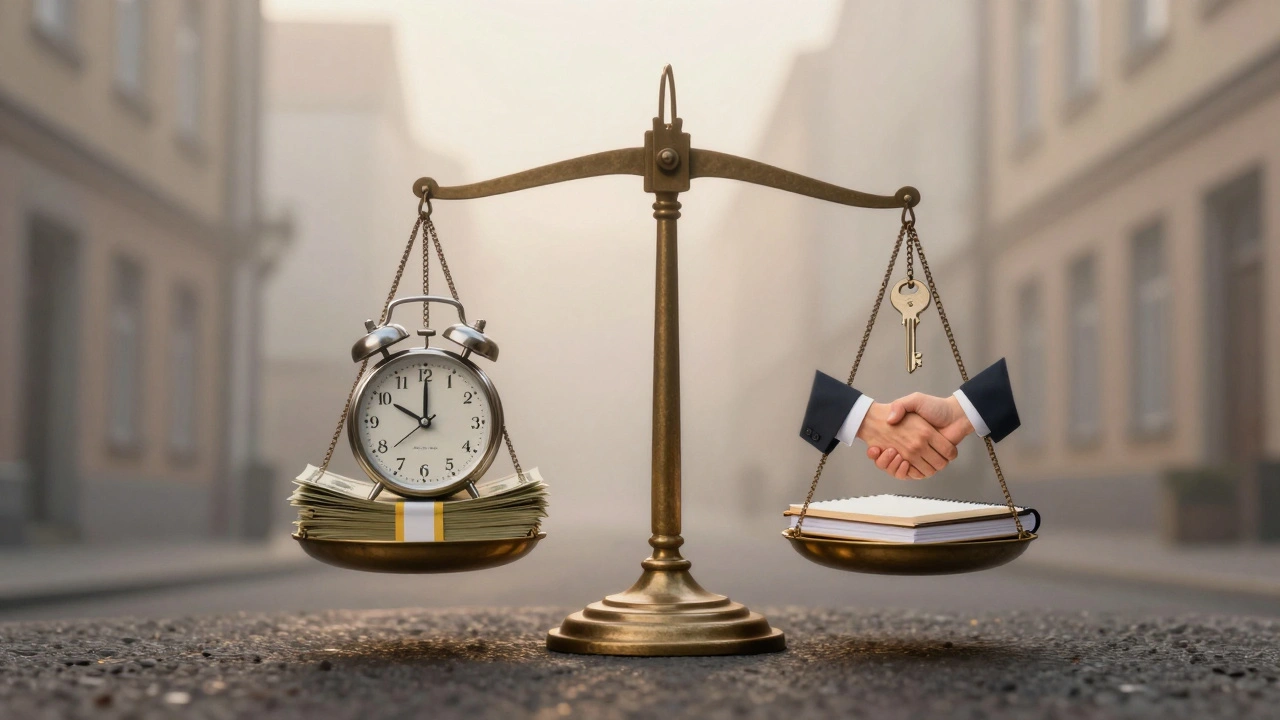 Symbolic scale in a misty Munich alley at dawn, weighing transactional risks against trust, key, notebook, and handshake on one side.