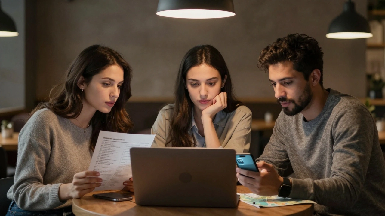 Three foreign workers meet in a café, reviewing safety info and video-calling a local contact.