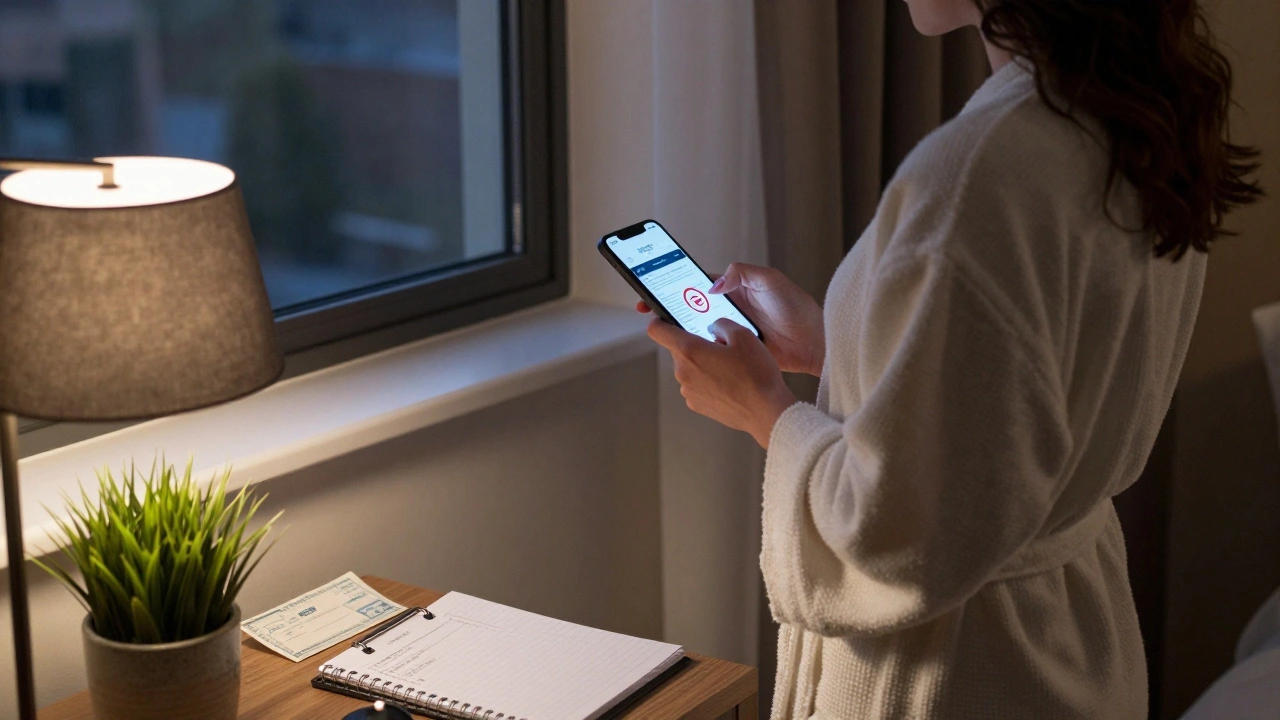 Woman in a hotel room checking client screening details with safety app visible on phone.