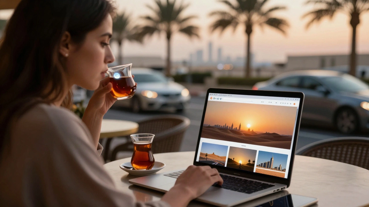 Woman in café with travel photos on laptop, single moon emoji glowing on phone, golden hour light.