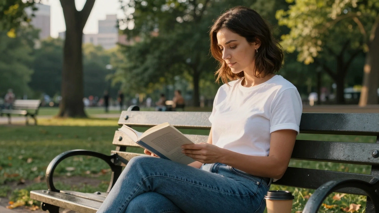 Woman reading a book on a park bench with coffee beside her in golden light.