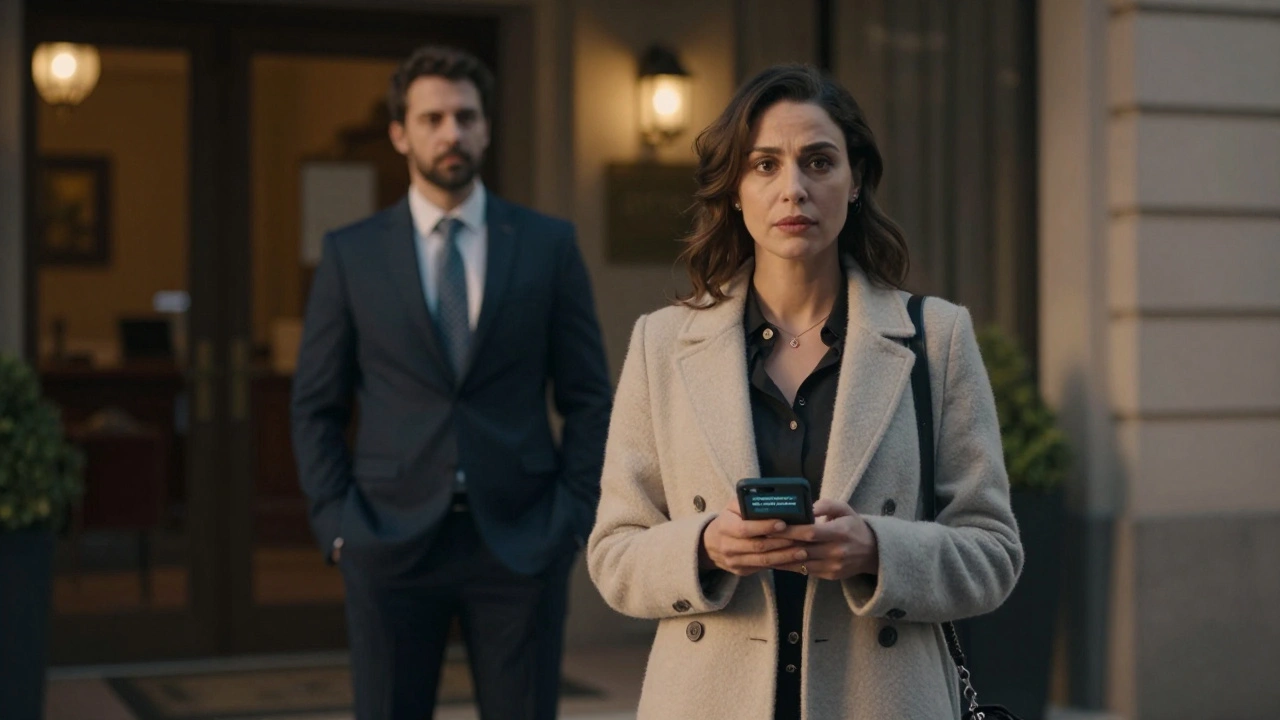 Woman standing safely in a hotel lobby, phone showing safety app notification, waiting for a client.