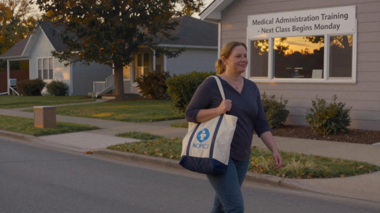 Woman walking confidently down street with hospital tote bag, symbolizing new career.