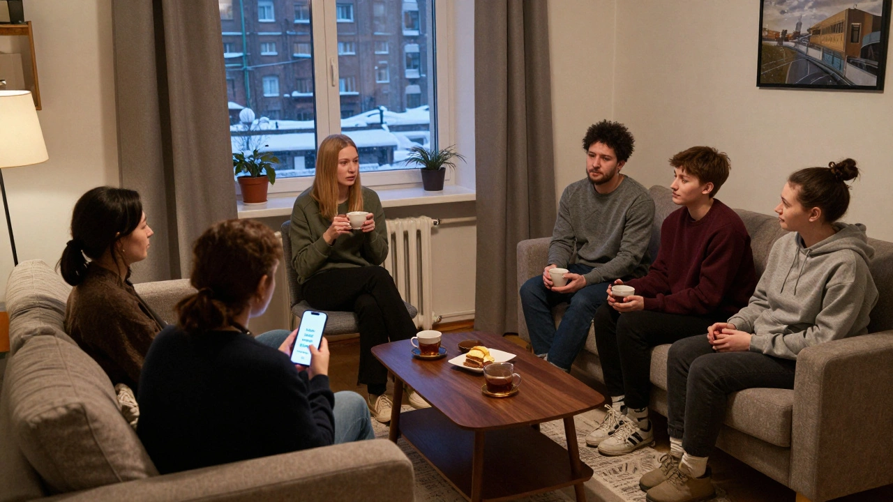 A diverse group of sex workers meet in a quiet apartment for peer support, sharing tea and quiet conversation.