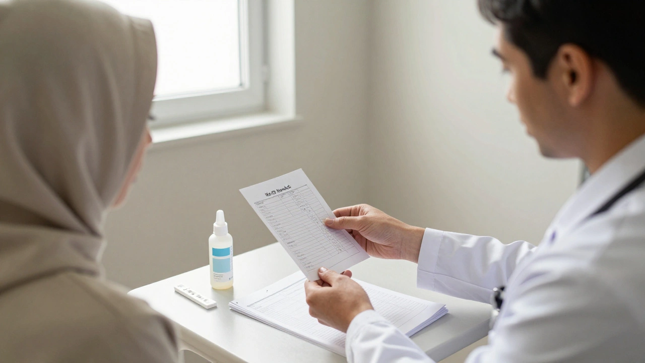 A healthcare worker hands a printed test result to a client in a private clinic, no ID required.