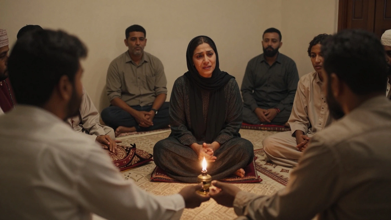 A quiet circle of people sharing stories in a modest community gathering.