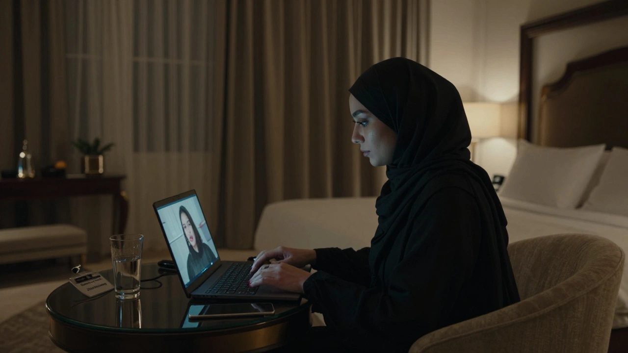 A woman working on a laptop in a luxury Dubai hotel room at night during Ramadan, no guests present, only subtle signs of privacy and risk.