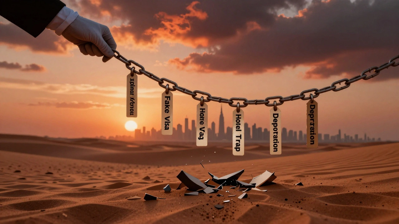 Broken chain labeled with scam steps, hovering over Dubai's skyline under golden desert light.