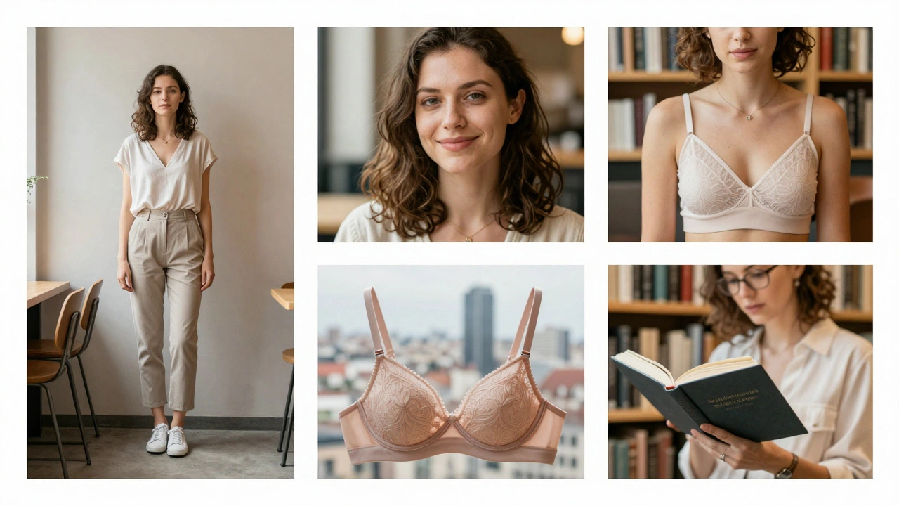 Five professional photos arranged in a grid: casual, close-up, full-body, lingerie, and reading a book in Munich.
