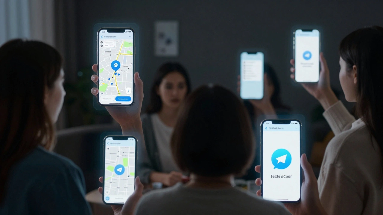 Floating phone screens showing encrypted chat, timer, and map pin in dark room.