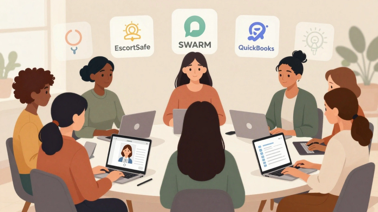 Group of women in a virtual meeting sharing sex work safety resources and support.