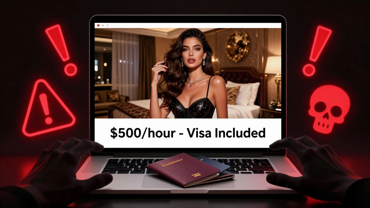 Laptop screen showing a fake escort ad with shadowy hands stealing a passport and wallet.