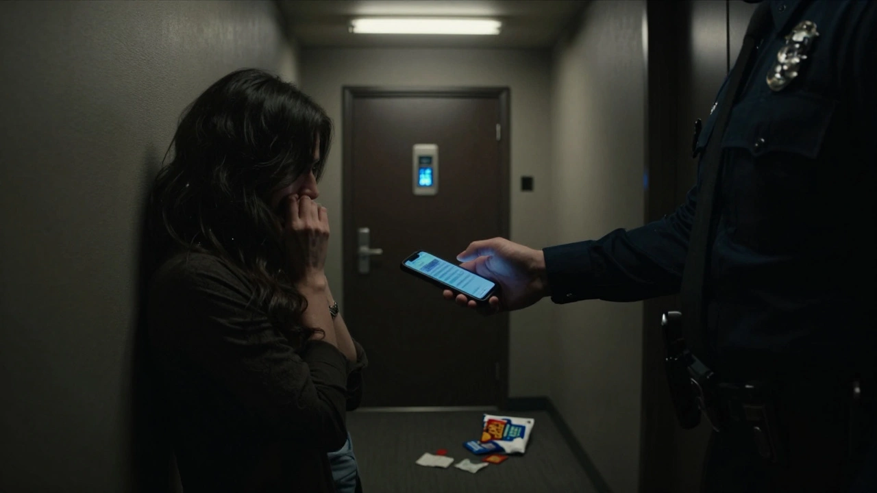 Police officer seizing a smartphone from a woman in a dim hotel hallway, prepaid cards on floor.