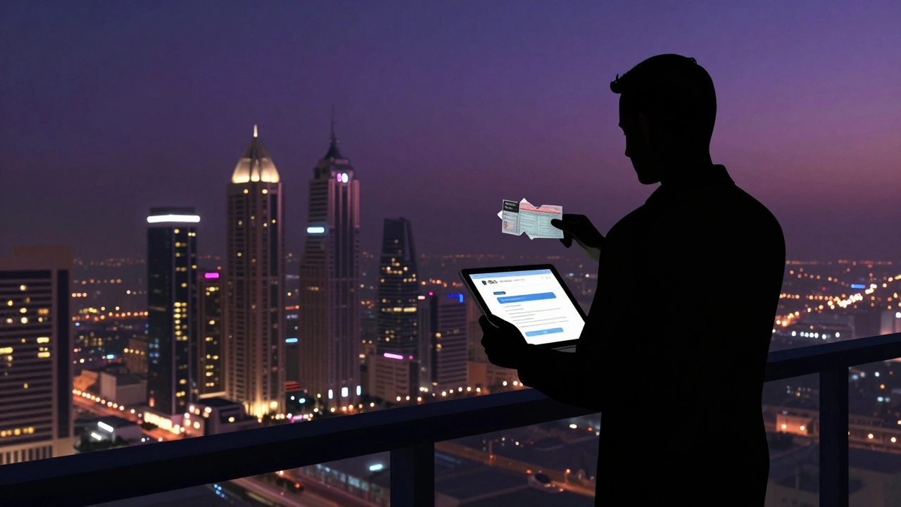 Silhouette stands on a Dubai balcony, holding a torn visa and a blocked website, with the city lights separated by darkness.