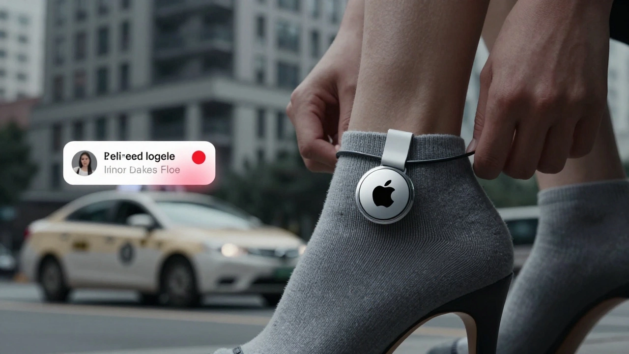 Small GPS tracker clipped inside a sock with taxi and smartphone location alert in background.