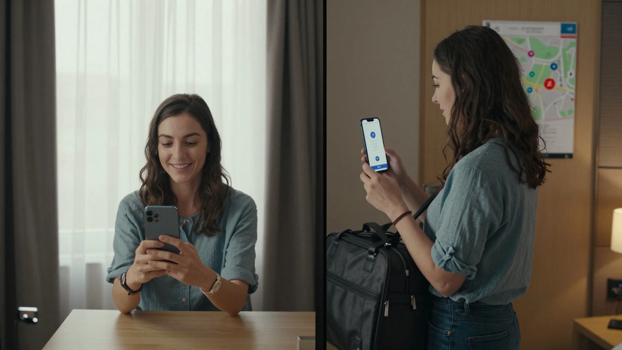 Split-screen of woman using virtual number and voice recorder while bag is positioned by hotel room door.