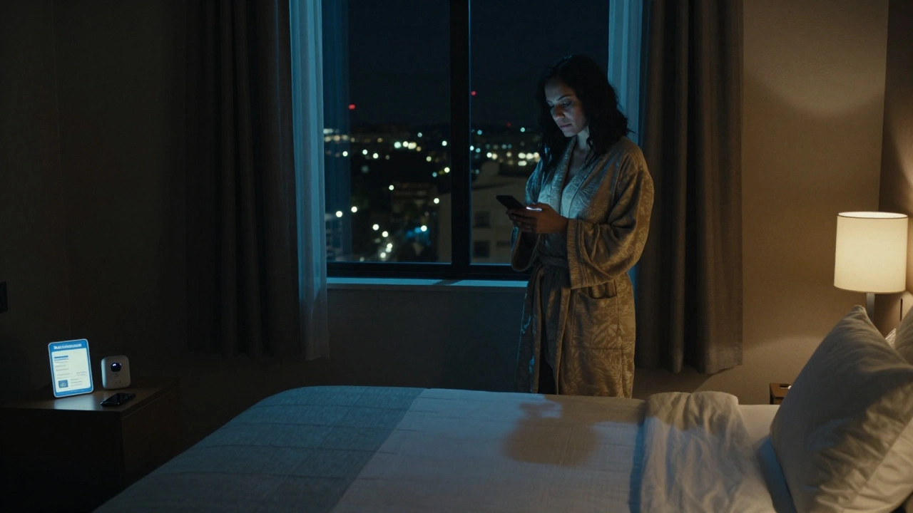 Woman checking a safety app in a hotel room at night, city lights visible through the window.