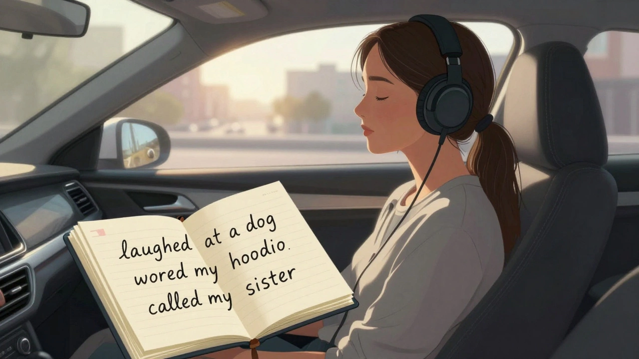 Woman driving at dawn, headphones on, notebook with personal notes visible on passenger seat