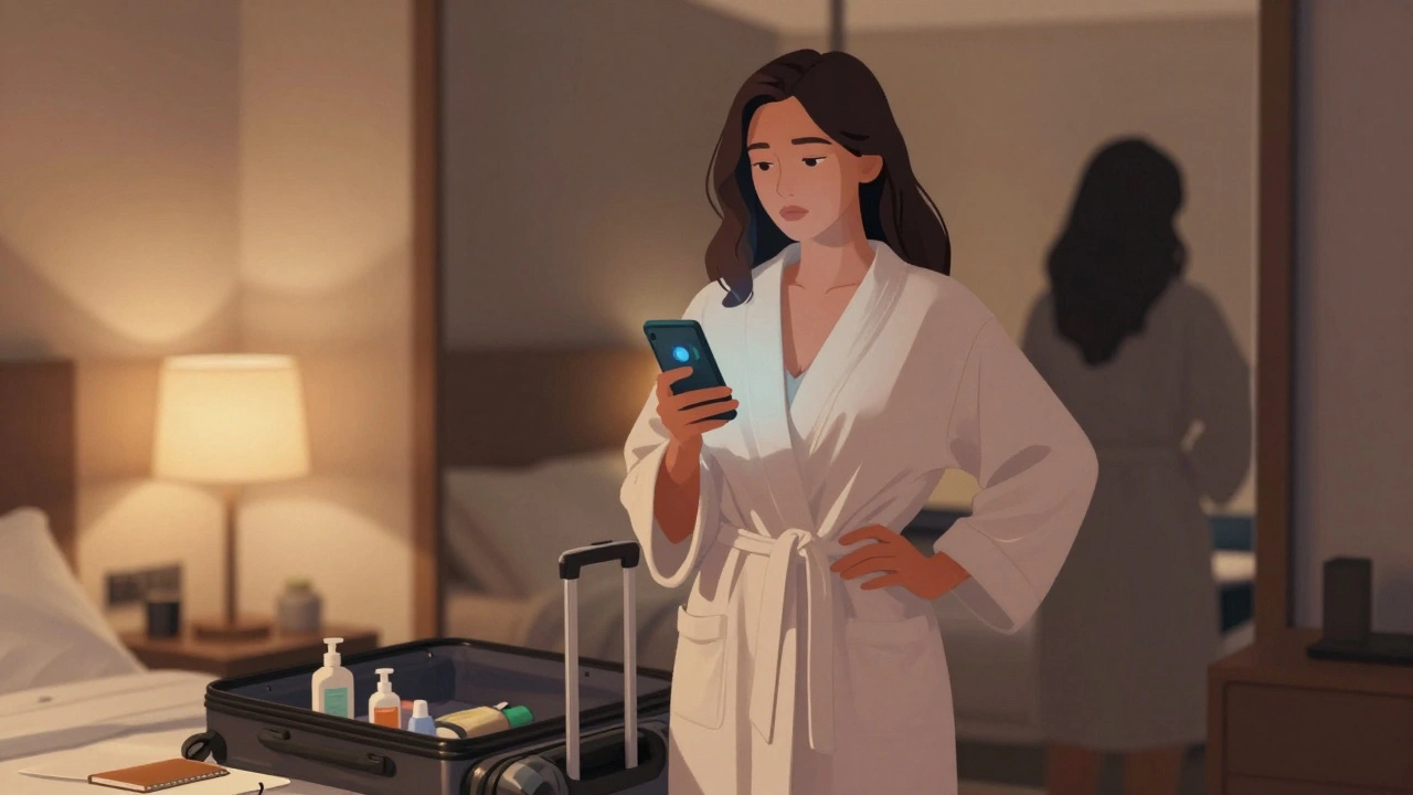 Woman in hotel room holding a safety app, calm and in control.