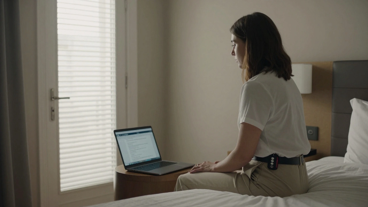 Woman sitting calmly on hotel bed, emergency button visible, laptop open with logs, door slightly open.