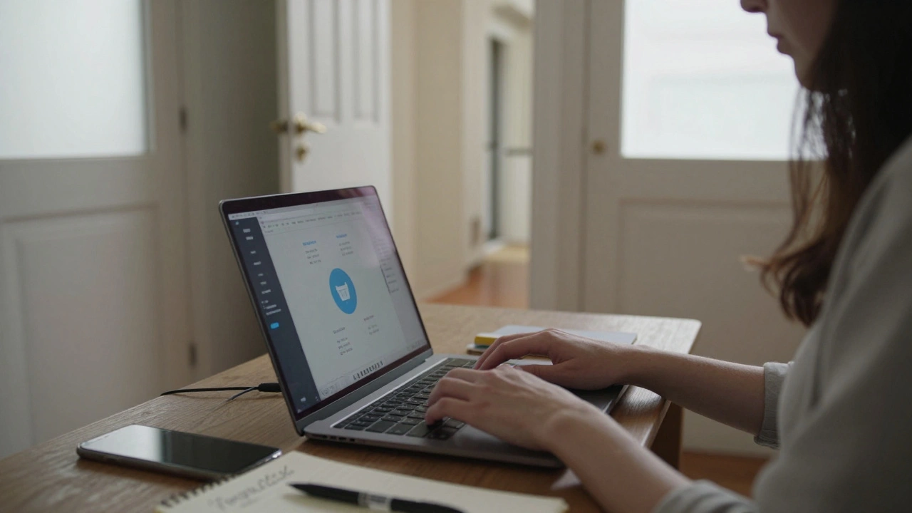 Woman typing on laptop in shared apartment with VPN active and burner phone nearby.