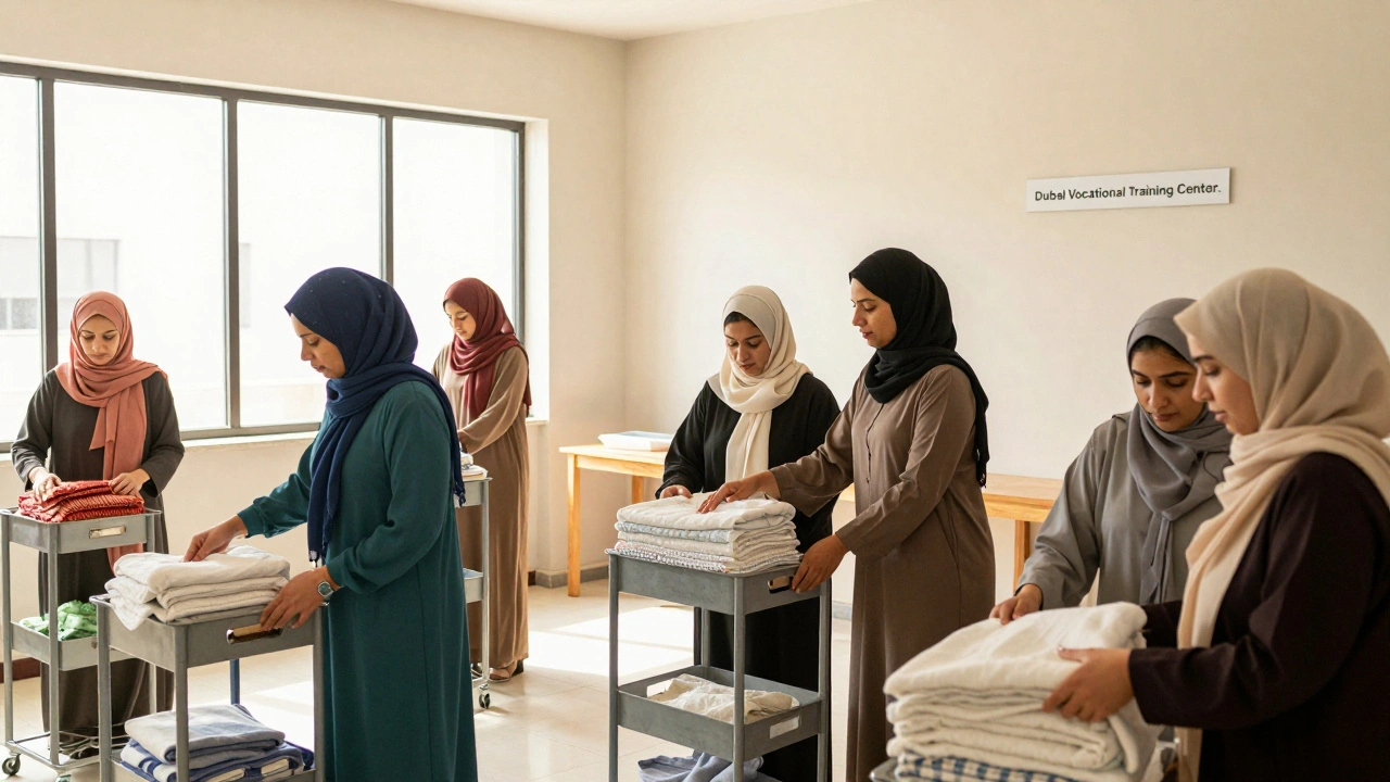 Women learning housekeeping skills in a quiet vocational training room in Dubai.